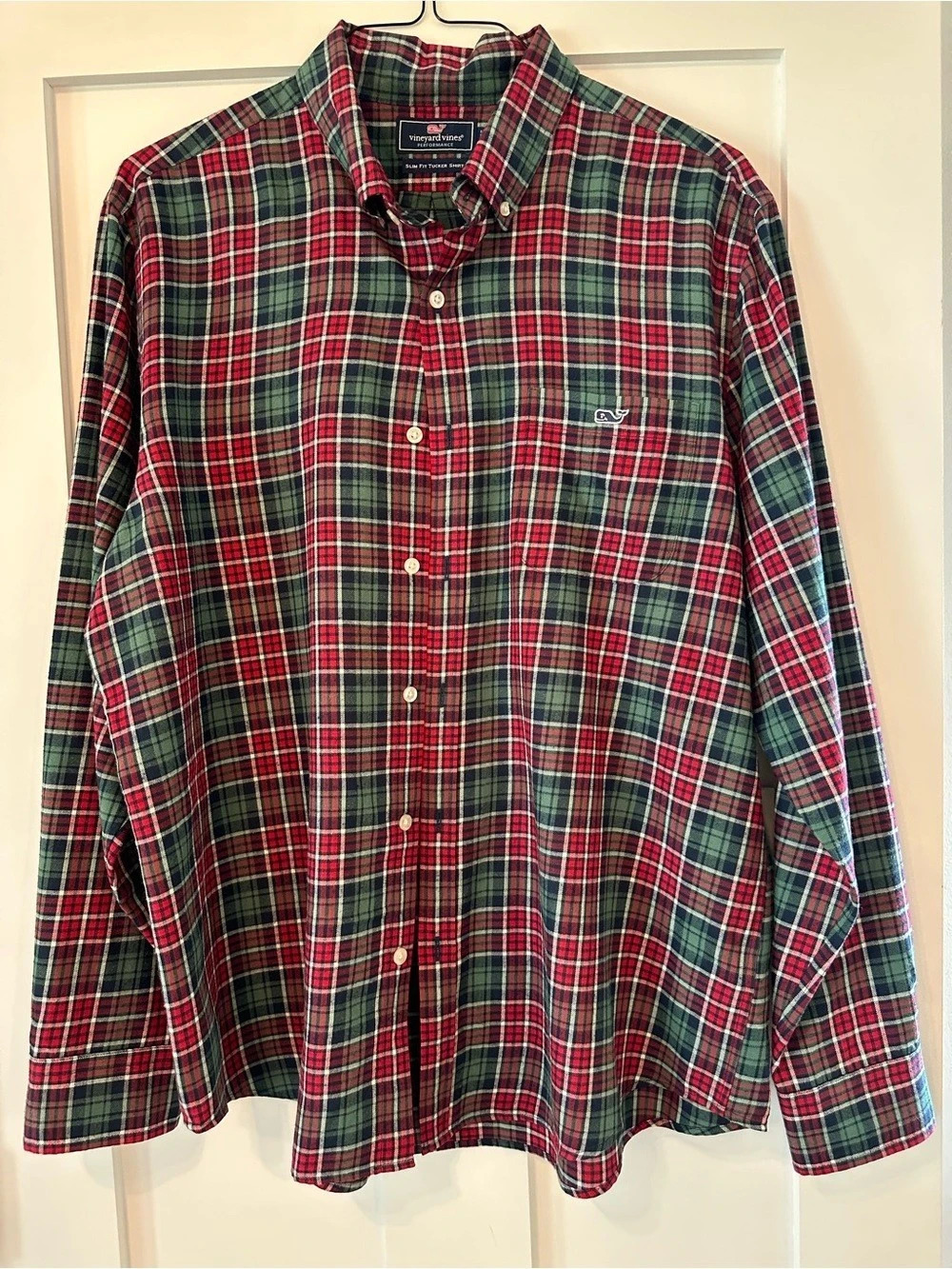 Vineyard Vines Performance Slim Fit Tucker Shirt Plaid Red & Green XL